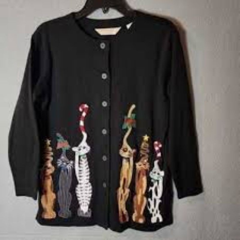BECHAMEL Cat 2X Holiday Christmas Cardigan Sweater Kitchy Ugly Dark Black